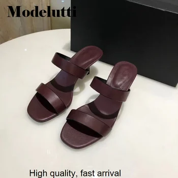 Лято 2023, Нова мода, дамски сандали на висок ток от естествена кожа на средно висок ток с отворени пръсти, однотонная проста дамски обувки