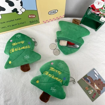 Мини-Cartoony сладък пухкав Коледен подарък торбичка за монети, Зелена Коледна елха, плюшено калъф за ключове на цип с шарките на дървото, портмонета за монети