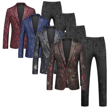 Модерен Брендовый мъжки жаккардовый костюм от 2 теми, червено / синьо / черно, луксозно мъжко бизнес рокля за сватбени партита, блейзър, сако и панталони