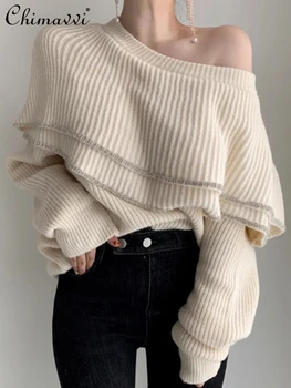 Модерен женски пуловер с дълъг ръкав и по-отворени рамене 2023, есен-зима, Корейски стил, ретро, лоскутный вязаный пуловер с къдри