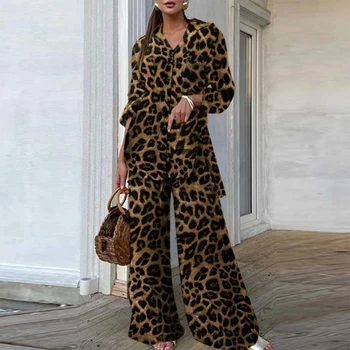 Модерен комплект с дълги ръкави и леопардовым принтом, дамски ежедневни риза, улични свободни екипировки, есен-пролет, Висока талия, Широки панталони, Комплект за пътуване