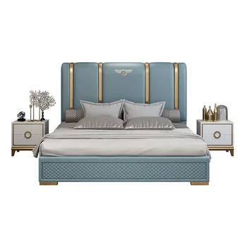 Модерна луксозна мебели за спалня спален комплект king size от масивно дърво легло от естествена кожа