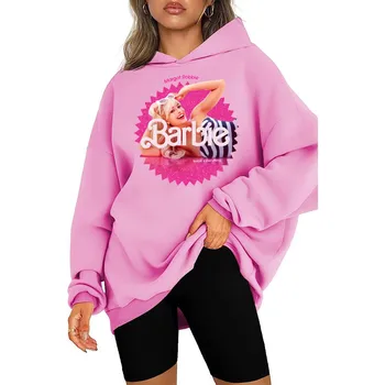 Модна розова hoody с качулка с участието на Барби, cartoony памук, Мека Свободни женски дебели универсални блузи, сака за жени и момичета, Пуловер с качулка, Подаръци