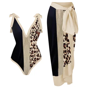 Модни Бикини с леопардовым принтом във формата на цветни блокове, едно Парче Бански и пола, Реколта Бански с V-образно деколте, Летни Плажни Тоалети, Бански костюми