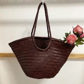 Модни тканая чанта за жени, голяма чанта-тоут от естествена кожа, голяма лятна плажна чанта, ретро чанта ръчна изработка на рамото