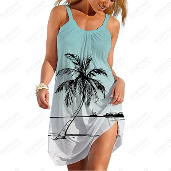 Модно рокля с принтом на кокосовата палма, женски ежедневното свободно рокля, Лятна рокля, с Нова рокля, ежедневна рокля без ръкави в плажен стил