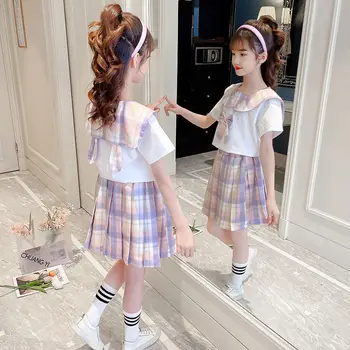 Момичета JK Направо костюм Скъпа риза с къс ръкав + Клетчатая Къса пола Годишният Студент костюм от 3 до 10 години