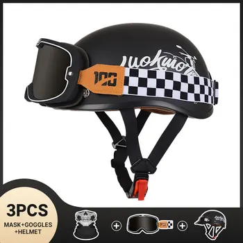 Мотоциклет шлем в полка в ретро стил с половин лице, Реколта мотоциклетни каски, Лятна каска за скутер, Черни Мъжки Дамски Унисекс