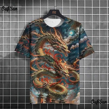 Мъжка тениска с 3D принтом дракон Harajuku, Персонални trend топ с кръгло деколте и къс ръкав, Градинска градинска удобни дишащи дрехи