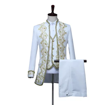 Мъжки костюми с бяла бродерия от 3 теми, Ретро Дворцов костюм на Принца, театрален смокинг Сако, палто, якета, Жилетки, Панталони, комплект