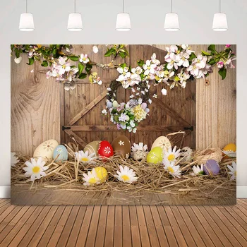 На фона на великденски яйца Пролетно ферма Снимка на склад в селски стил Бели цветя, Ретро вратата Купа сено Детски фонове за рожден ден Снимка