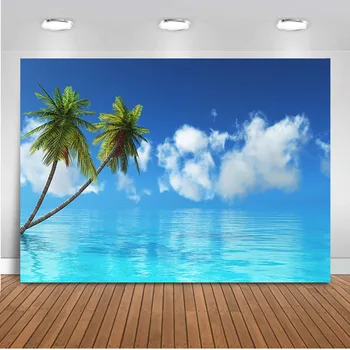 На фона на плажа за новородени Синьото на небето и морето Фон за фото студио, Студио Декорации за партита на плажа Подпори за палми