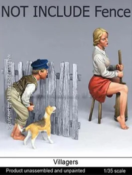 Неокрашенный 1/35 комплект фигурки селски момичета, малко момче и кучето, исторически набор от смола, умален модел