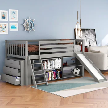 Ниско таванско помещение легло с прикрепена библиотеки шкафове и отделни 3-уровневыми чекмеджета, разтегаем стълбище и пързалка, двойна, сив