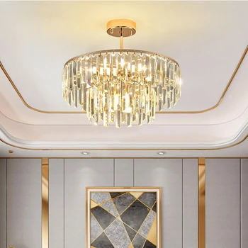 Нов дизайн на Луксозни полилеи Cean Кристал със златист корпус, хол и спалня в модерен стил, кръгъл кристален полилей опушен-сив цвят