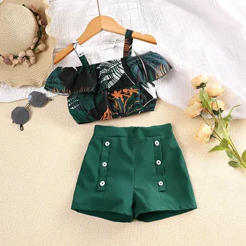 Нови летни комплекти детски дрехи без ръкави с деколте лодка и зелени листа, комплекти от 2 теми, дизайнерски комплекти дрехи за момичета от 4 до 7 години