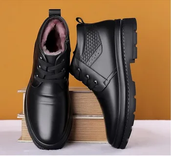 Нови модни мъжки обувки, висококачествени зимни ботильоны от естествена кожа, обувки на топло меху, зимни обувки, размер 38-44, черен