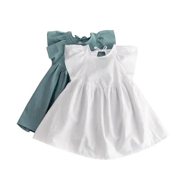 Ново памучно и ленено рокля за момичета, обикновен бебешки ежедневни плисирана рокля с къси ръкави за момичета от 1-5 години, детски рокли за момичета