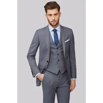 Оборудвана мъжки костюм, комплект от три елемента (яке + жилетка + панталони) Нова однобортная обичайната официална елегантна сватбена бизнес облекло