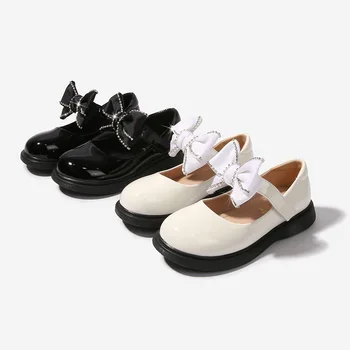 Обувки принцеси за момичета, пролет-есен, нова училищна обувки за изяви, детски балет апартаменти подметка с лък, Детски черна кожена обувки
