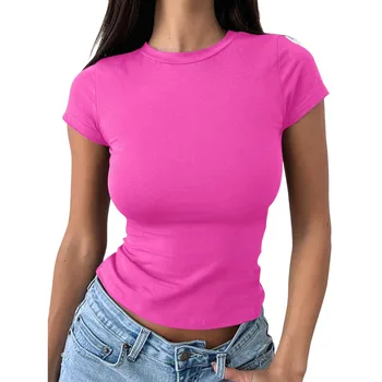 Основни съкратен блузи, дамски дрехи, лято 2024, облегающая тениска с къс ръкав за жени, ежедневни тенденция на тениски в уличном стил Slim Fit, върхове