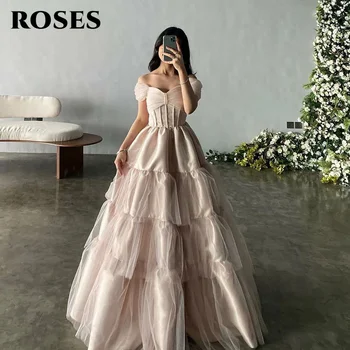 Очарователно рокля за бала ROSES Blush A Line, ламинирано вечерна рокля с открити рамене, уважаеми вечерна рокля vestidos de noche