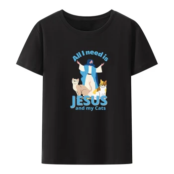 Памучни тениски Jesus and My Cats Y2k, Koszulki, Свободни тениски Roupas Masculinas С кръгло деколте, Хипстерские тениски, Ежедневни Мъжки t-shirt, Удобен за Лятна