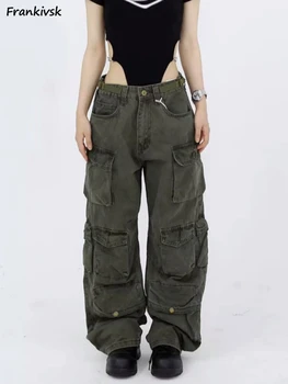Панталони Женски сафари в американския ретро-стил, летни Нови улични ежедневни универсални за студенти харадзюку в цял ръст, модни джобове