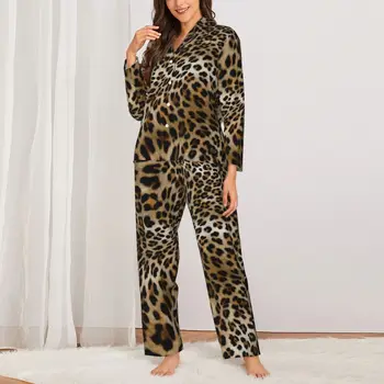 Пижамный комплект с принтом от кожата на животните Леопардовый модел Kawaii Пижами Дамски Ежедневни с дълъг ръкав Домашен костюм от 2 теми голям размер 2XL
