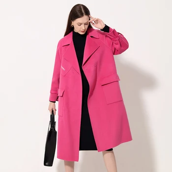 Популярно двустранно вълна палто, женски есенно-зимния Красиво елегантно модно палто за костюми, однотонное свободно полушерстяное палто със средна дължина