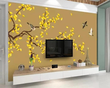 Потребителски тапети гинко ръчно рисувани цветя и птици ТЕЛЕВИЗИЯ фон на стената на хола украса спални 3d тапети