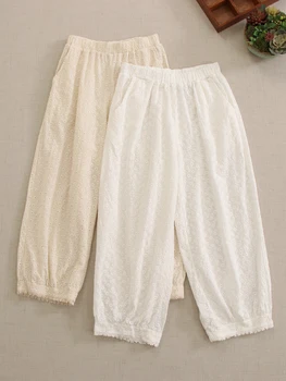 Пролет-лято Тънки прозрачни обикновен панталон с бродерия, дамски ежедневни панталони с еластичен ластик на талията Z6722