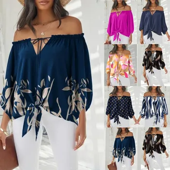 Пролетни блузи Summe в ретро стил, с открити рамене, Блузи с флорални принтом, дамски елегантни всекидневни дамски Елегантни ризи с дълъг ръкав и V-образно деколте в етнически стил
