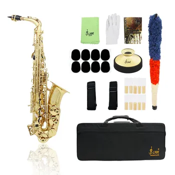 Професионален алт саксофон Eb Месинг, покрита със златист лак, Ми бемол, Саксофон, Дървен духов инструмент с почистването с четка, калъф, каишка, Ръкавици, резервни части