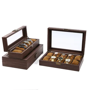 Реколта дървена кутия за часовници със скрит бутон в ретро стил, бижутерия дисплей, Прозрачен прахоустойчив кутия за съхранение на механични часовници