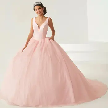 Розови рокли Charro Quinceanera, бална рокля с дълбоко V-образно деколте, буйни Мексикански сладкиши с пайети, 16 рокли, 15 Anos