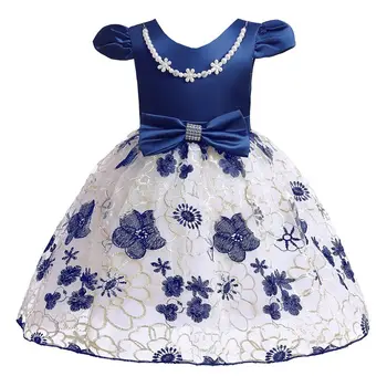 Рокли с перлата на огърлица за момичета, детски празнична рокля с бродерия на цветя и мрежа за тийнейджъри, в елегантна рокля на принцеса за деца 2-10 години