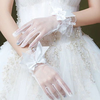 Сватбени ръкавици за сватбена рокля с къс отрязани от мрежата, бели дантелени ръкавици свързани с лък