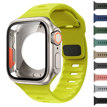 Силиконов ремък + калъф за Apple Watch Case 44 мм 45 мм 41 мм 40 мм Защита на екрана Заменен с Ultra За iWatch Series 8 7 SE 6 5 3