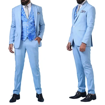 Сини мъжки костюми, ушити по поръчка, 2 броя, сако, панталони с ревера на една пуговице, бизнес тънък костюм на младоженеца на сватбата, изработена по поръчка, плюс размер
