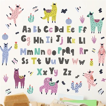 Скъпа алпака с английски букви, стикери за стена за детска стая, декорация на дома, Стенни рисувани с азбука, стикери с животни, Образователен плакат