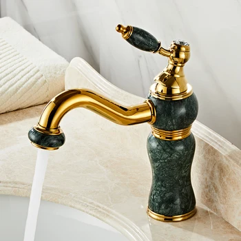Смесител за топла и студена вода в европейски стил, мивка за баня от златисто-меден нефритен мрамор