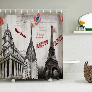 Стара ретро стил Парижката кула Печат Завеси за душ Завеси за баня Европейски пейзажи Водоустойчив Полиестерен плат Декор за баня