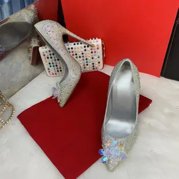 Стилен и модерен дамски обувки на висок ток Дорис Marta Silver Wedding Party с украса във вид на кристали и остри пръсти