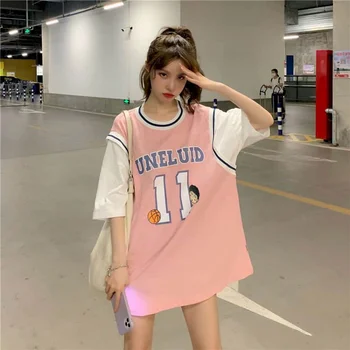 Фалшива Баскетболно форма от две части, риза Дамски Студентски Корея Свободна Градинска облекло Средна дължина С къс ръкав
