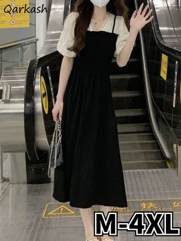 Фалшиви Дамски рокли Миди от 2 теми, елегантни Летни Дамски реколта вечерни Прости основи, празнични рокли в корейски стил за всеки ден