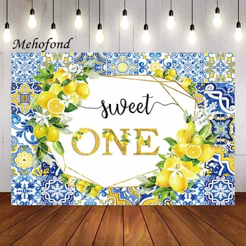 Фон за снимки Mehofond Лимон синята плочки с флорални принтом Sweet One Baby Shower, Празнична торта декор на масата, на фона на фото студио