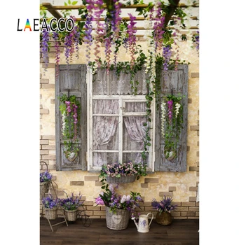 Фотофоны Laeacco Прозорец селска къща Кошница с пискюли на верандата Цветя Живописен снимков фон фотографско студио, Фотосесии