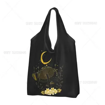 Чанта за пазаруване в готически стил с гъби и Луната, преносима чанта-тоут, хранителни чанти, подходящи за вторична преработка, женствена чанта за пазаруване на открито, сгъваема