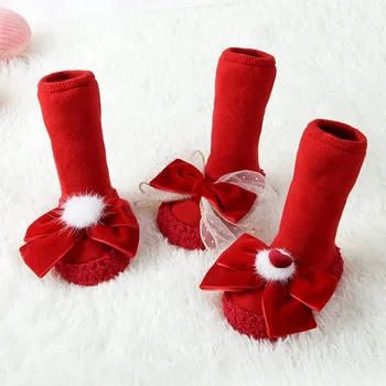 Червен коледен празничен сгъсти лък за коса принцеса Есен/Зима Домашно пол Коледни нескользящие детски чорапи Не се случва